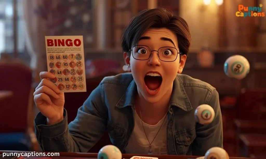 A beginner holding a bingo card with excited expression, bingo balls nearby, cozy indoor setting, realistic lighting, realistic style