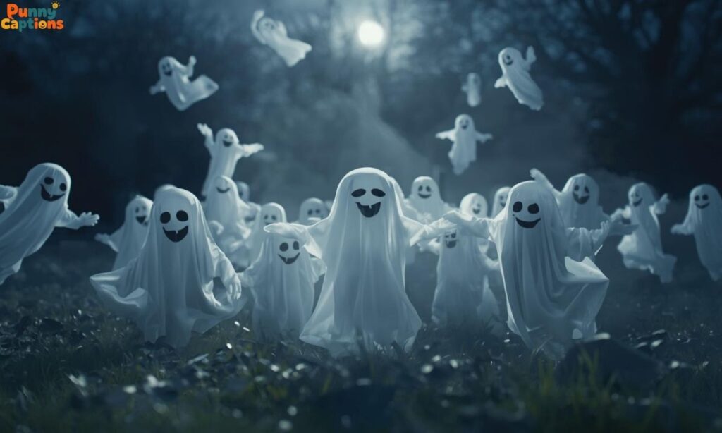 Cheerful ghosts enjoying spooky fun