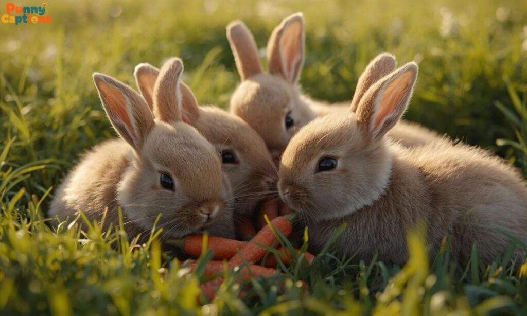 Bunnies gathered nibbling carrots