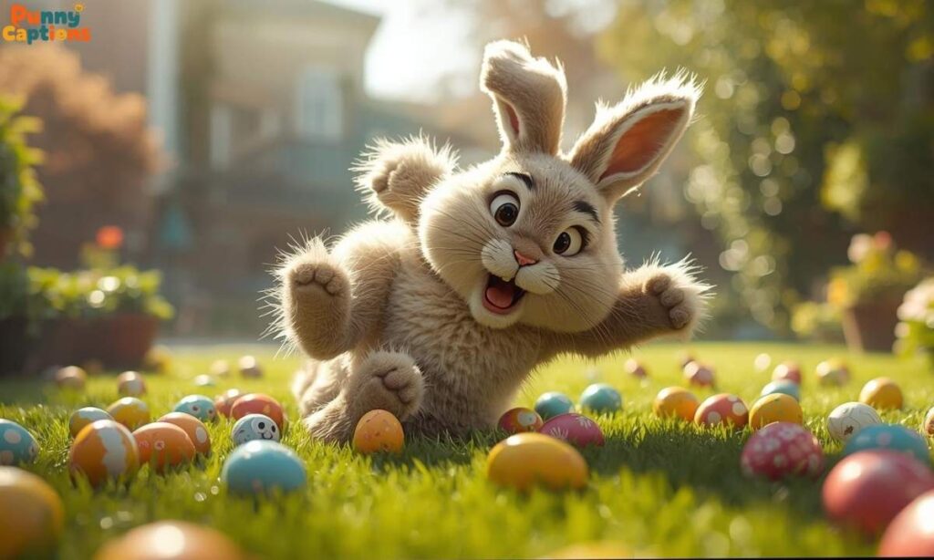 Easter bunny tripping on eggs