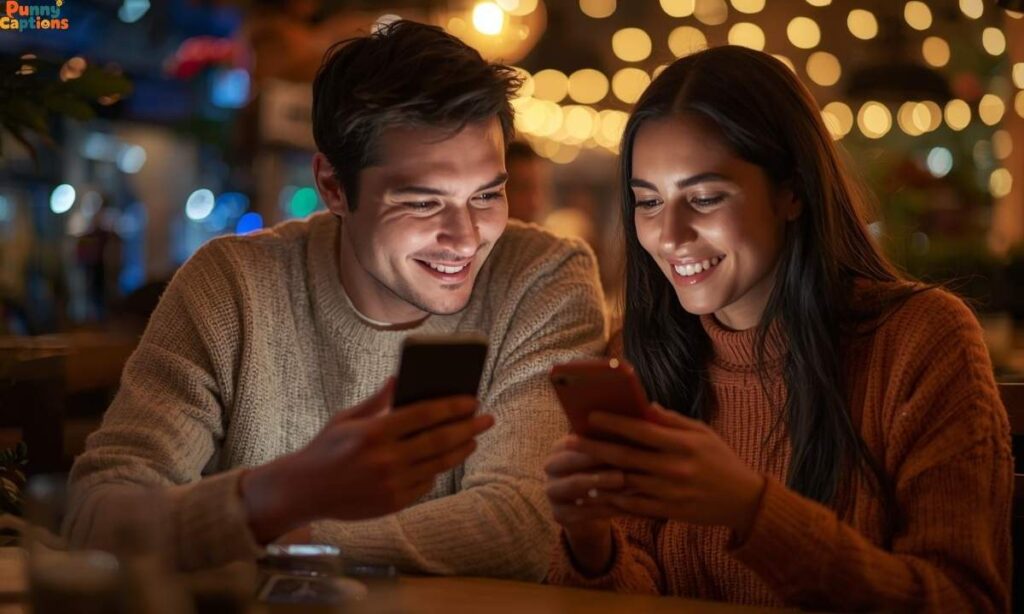 flirty texting moment in cafe