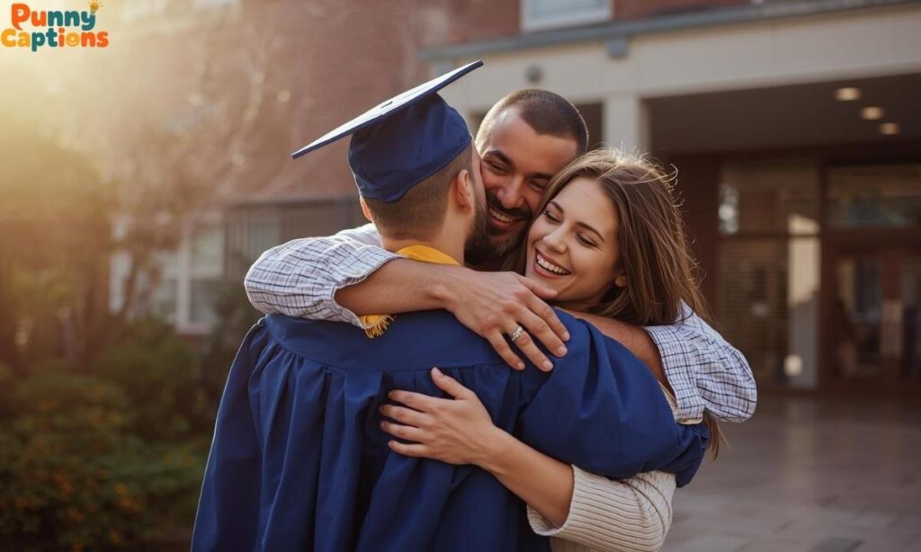 Parents hugging graduate child