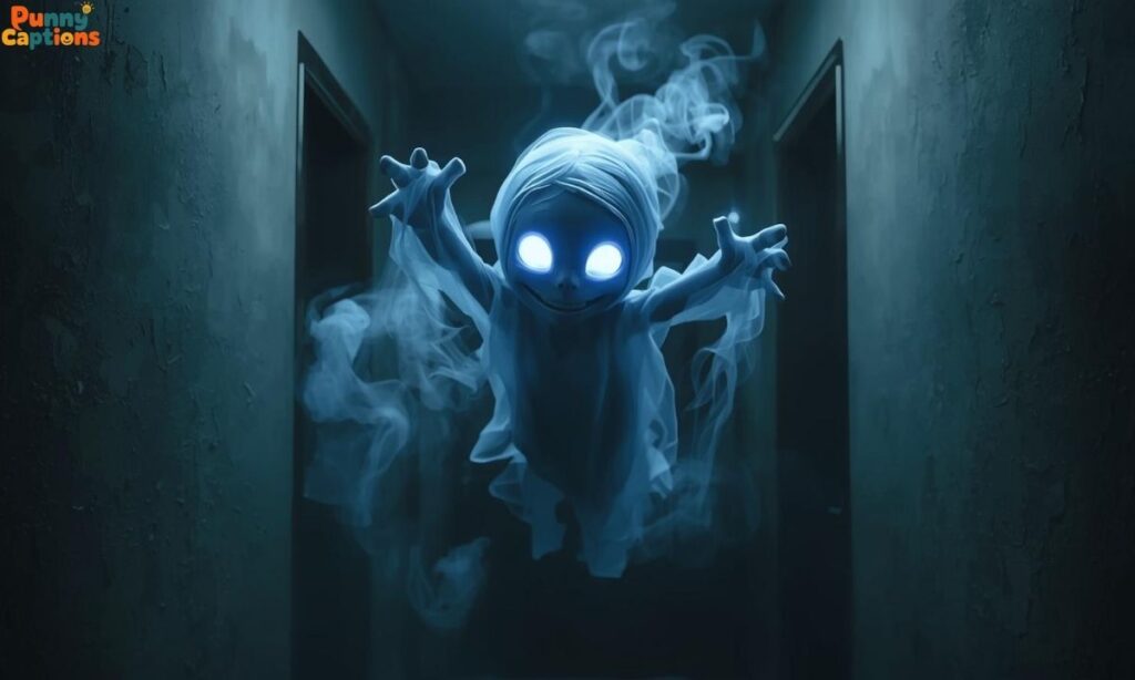 Laughing ghost floating in hallway