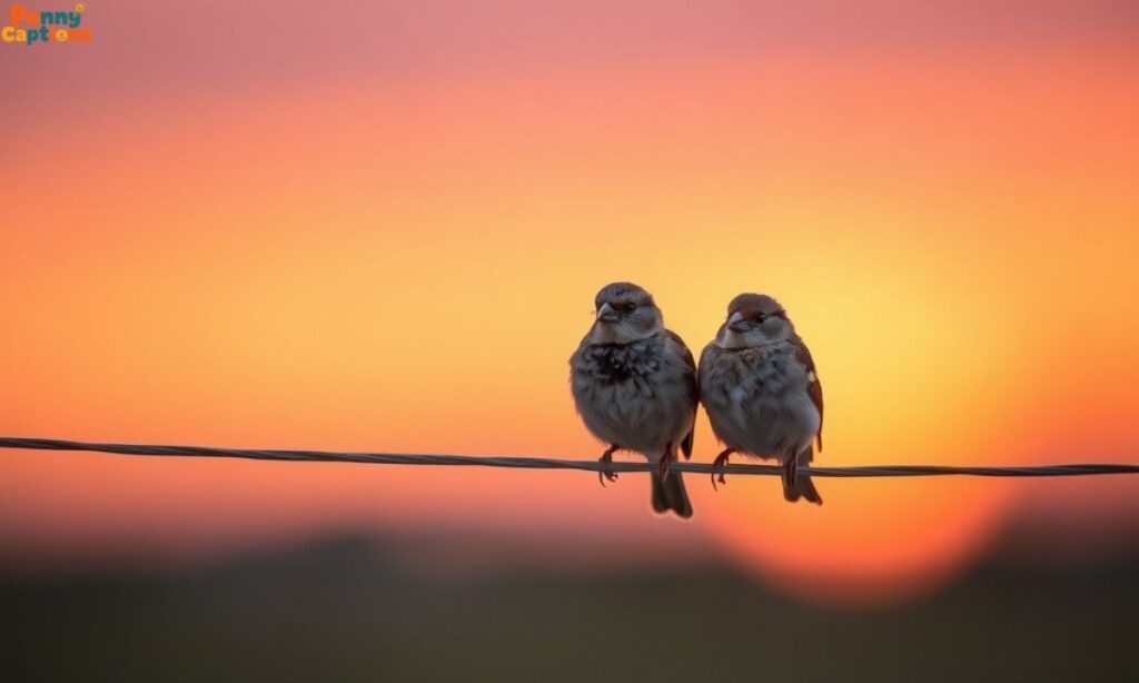 two sparrows on wire sunset
