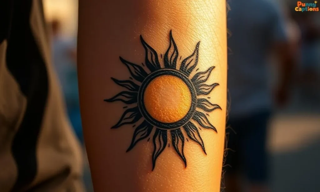 Sun tattoo on forearm glowing in sunlight