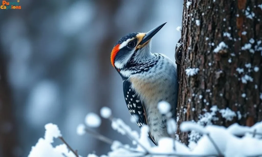 Woodpecker on snowy tree
