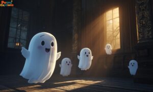 Funny friendly ghosts in spooky mansion
