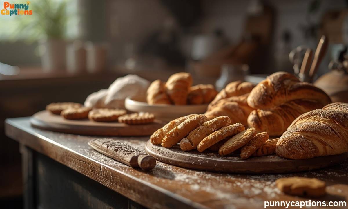 Fresh baked bread and pastries on kitchen counter