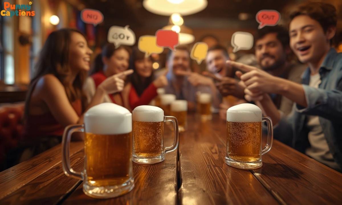 friends laughing with beer mugs