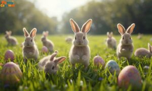 Playful bunnies hopping in a sunny meadow