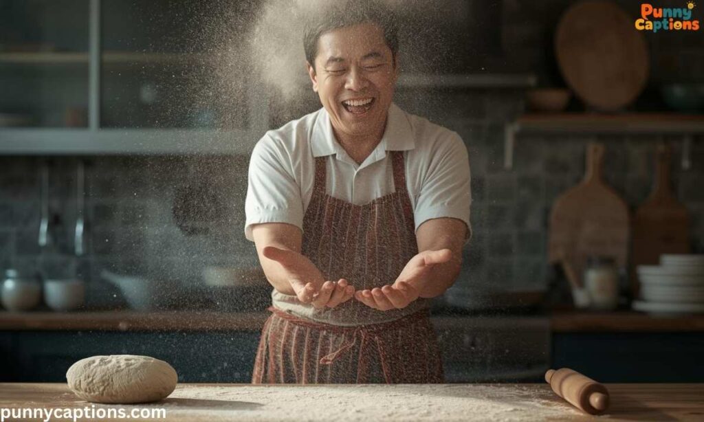Laughing baker covered in flour