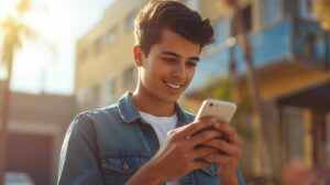 Teen texting "Yuh" on phone